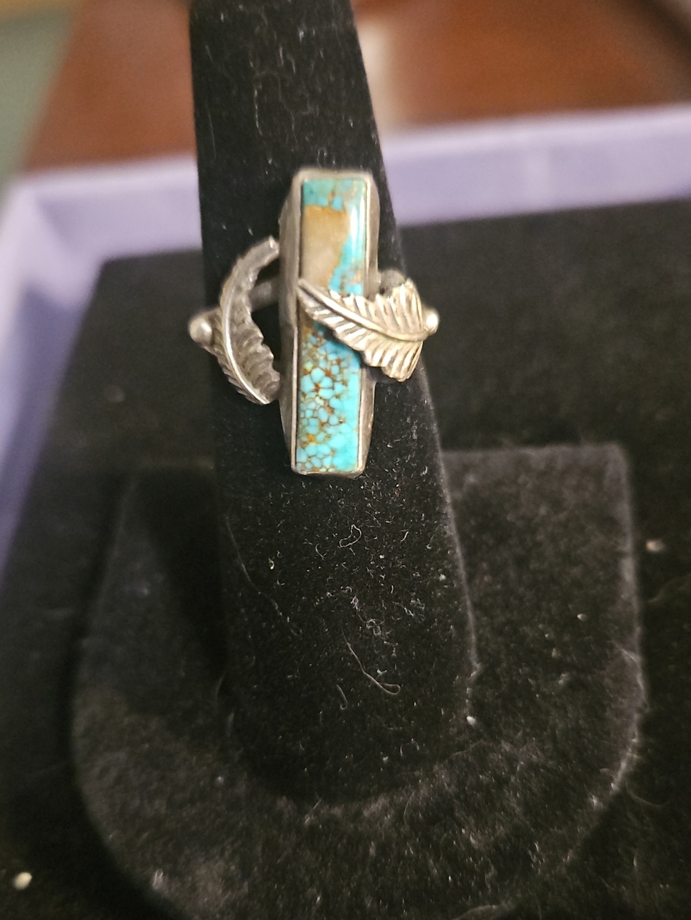 Turquoise Inlay Feather Silver Ring - Women's Jewelry